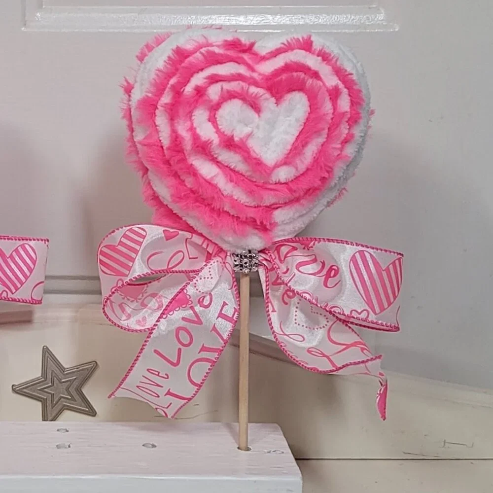 Velvety White Yarn & Pink Furry Yarn Heart Lollipop, Hand Crafted
